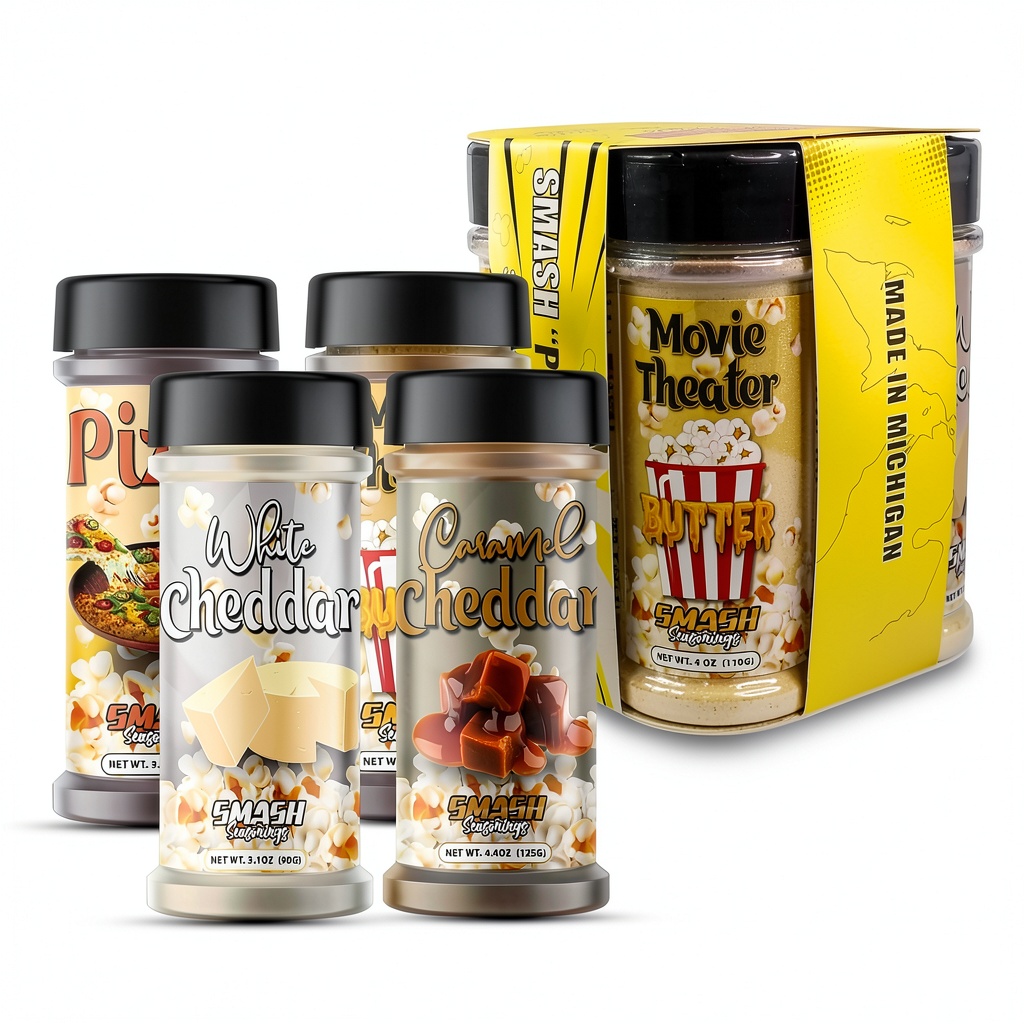 Spice Is Nice Popcorn Seasoning Variety Pack displayed on a kitchen counter