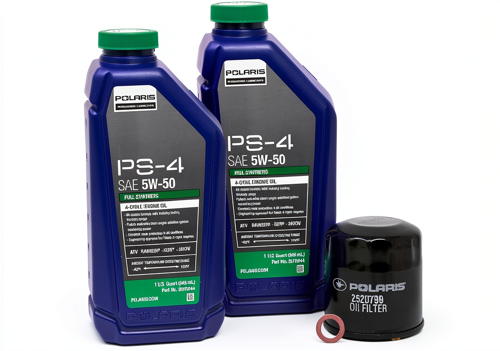 Edwards 5W-50 ATV oil bundle with filter and funnel displayed on a garage bench